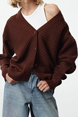 Kadın Moda Şık Regular V Yaka Oversize Geniş Kalıp Örgü Detaylı Geniş Kalıp Triko Hırka
