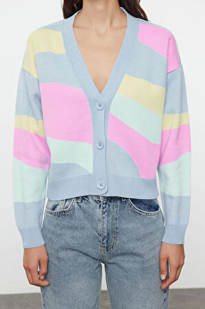 Kadın Moda Şık Regular V Yaka Regular Renk Bloklu Triko Hırka