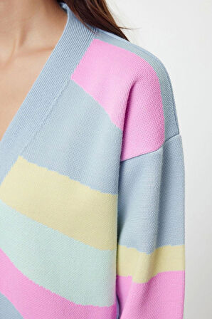 Kadın Moda Şık Regular V Yaka Regular Renk Bloklu Triko Hırka