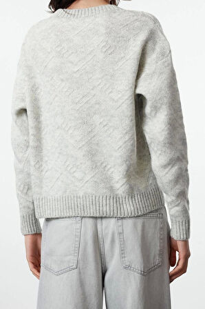 Kadın Moda Şık Bisiklet Yaka Standart Kol Regular Yumuşak Dokulu Geometrik Desen Triko Kazak