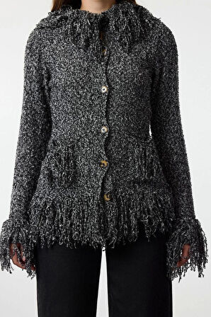 Kadın Moda Şık Regular Dik Yaka Regular Saçaklı Mont Görünümlü Triko Hırka