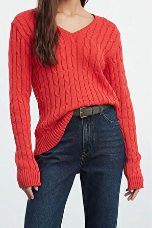 Kadın Moda Şık V Yaka Standart Kol Regular Basic Pamuklu Triko Kazak