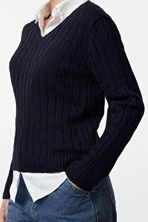 Kadın Moda Şık V Yaka Standart Kol Regular Basic Pamuklu Triko Kazak