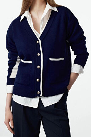 Kadın Moda Şık Regular V Yaka Oversize Renk Bloklu Geniş Kalıp Triko Hırka