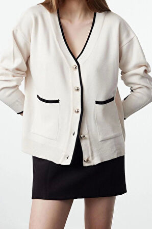 Kadın Moda Şık Regular V Yaka Oversize Renk Bloklu Geniş Kalıp Triko Hırka