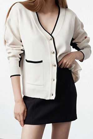 Kadın Moda Şık Regular V Yaka Oversize Renk Bloklu Geniş Kalıp Triko Hırka