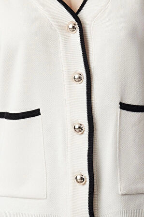 Kadın Moda Şık Regular V Yaka Oversize Renk Bloklu Geniş Kalıp Triko Hırka