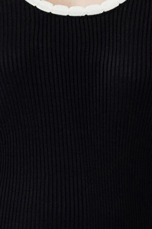 Kadın Moda Şık Havuz Yaka Standart Kol Regular Fitilli Renk Bloklu Triko Kazak