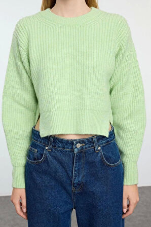 Kadın Moda Şık Bisiklet Yaka Standart Kol Regular Crop Basic Balon Kol Triko Kazak