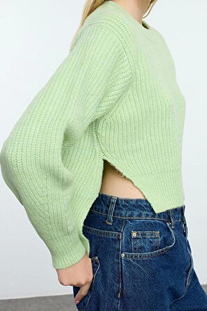 Kadın Moda Şık Bisiklet Yaka Standart Kol Regular Crop Basic Balon Kol Triko Kazak