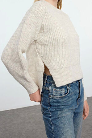 Kadın Moda Şık Bisiklet Yaka Standart Kol Regular Crop Basic Balon Kol Triko Kazak