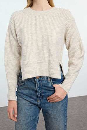 Kadın Moda Şık Bisiklet Yaka Standart Kol Regular Crop Basic Balon Kol Triko Kazak