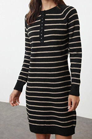 Kadın Moda Şık Mini Boy Bisiklet Yaka Regular Çizgili Triko Yumuşak Dokulu Elbise