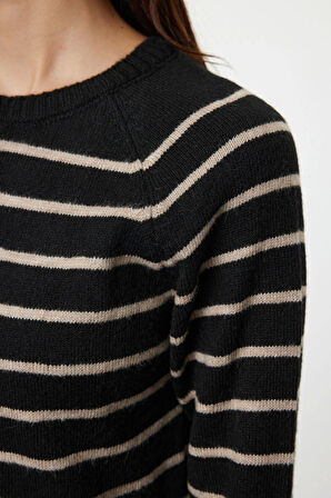 Kadın Moda Şık Mini Boy Bisiklet Yaka Regular Çizgili Triko Yumuşak Dokulu Elbise