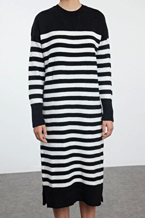 Kadın Moda Şık Midi Boy Bisiklet Yaka Regular Çizgili Triko Yumuşak Dokulu Elbise