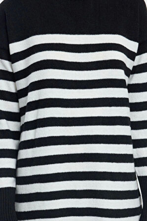 Kadın Moda Şık Midi Boy Bisiklet Yaka Regular Çizgili Triko Yumuşak Dokulu Elbise