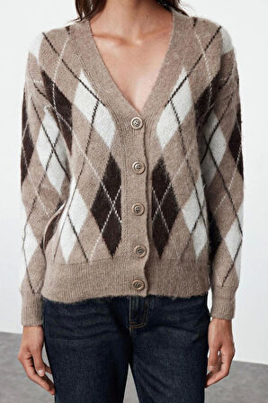 Kadın Moda Şık Regular V Yaka Regular Yumuşak Dokulu Ekose Desenli Triko Hırka