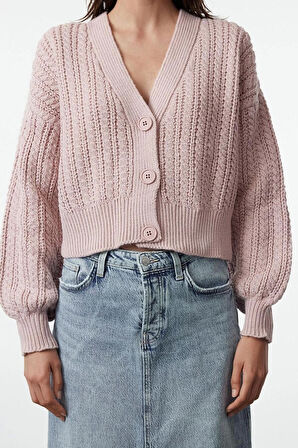 Kadın Moda Şık Crop V Yaka Regular Crop Yumuşak Dokulu Triko Hırka