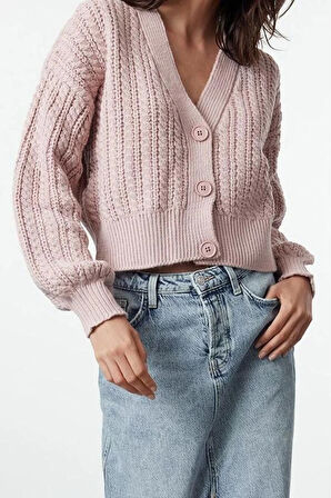 Kadın Moda Şık Crop V Yaka Regular Crop Yumuşak Dokulu Triko Hırka