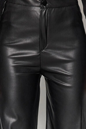Kadın Yeni Moda Geniş Paça Uzun Boy Örme Suni Deri Wide Leg Cep Detaylı Örme Pantolon