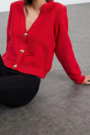 Kadın Moda Şık Regular V Yaka Slim Gül Düğme Detaylı Triko Hırka