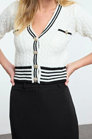 Kadın Moda Şık Crop V Yaka Slim Crop Yumuşak Dokulu Renk Bloklu Triko Hırka