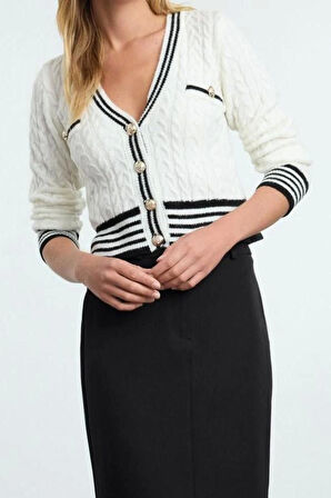 Kadın Moda Şık Crop V Yaka Slim Crop Yumuşak Dokulu Renk Bloklu Triko Hırka