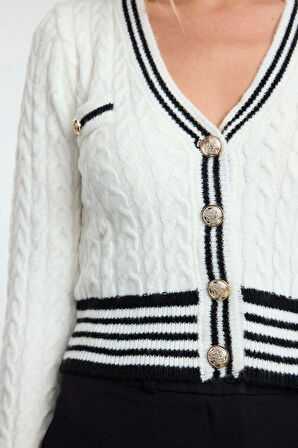 Kadın Moda Şık Crop V Yaka Slim Crop Yumuşak Dokulu Renk Bloklu Triko Hırka