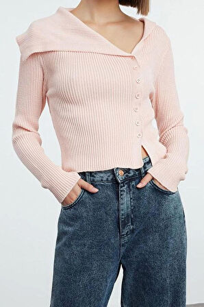 Kadın Moda Şık Regular Asimetrik Yaka Slim Premium İplik Triko Hırka