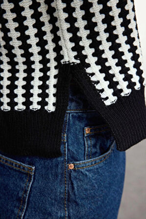 Kadın Moda Şık Bisiklet Yaka Standart Kol Regular Basic Çizgili Triko Kazak