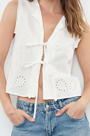 Kadın Moda Şık Üst Giyim Regular Bisiklet Yaka Regular Kalıp Dokuma Pamuklu Bağlama Detaylı Bluz