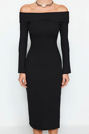 Yeni Slim Gündüz Gece Kaşkorse Örme Carmen Yaka Uzun Kol Bodycone Maxi Boy Elbise