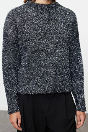 Kadın Moda Şık Bisiklet Yaka Standart Kol Regular Simli Triko Kazak