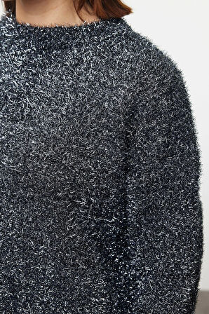 Kadın Moda Şık Bisiklet Yaka Standart Kol Regular Simli Triko Kazak