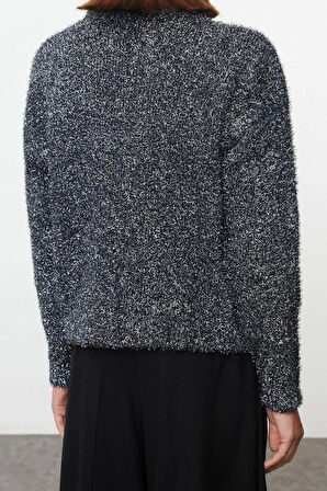 Kadın Moda Şık Bisiklet Yaka Standart Kol Regular Simli Triko Kazak