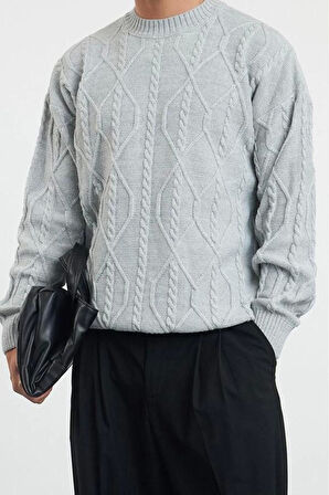 Erkek Moda Şık Regular Bisiklet Yaka Uzun Kol Saç Örgü Oversize Triko Kazak