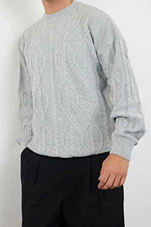 Erkek Moda Şık Regular Bisiklet Yaka Uzun Kol Saç Örgü Oversize Triko Kazak