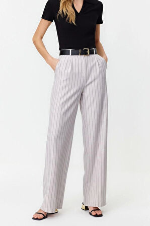 Kadın Yeni Moda Geniş Paça Uzun Boy Dokuma Yüksek Bel Wide Leg Geniş Paça Çizgili Pantolon