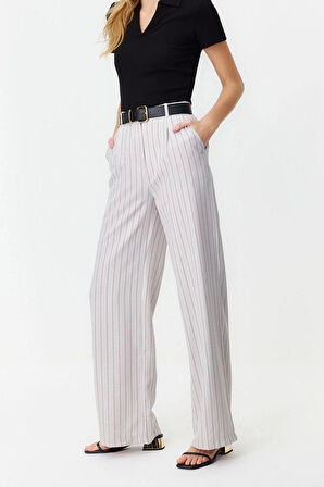 Kadın Yeni Moda Geniş Paça Uzun Boy Dokuma Yüksek Bel Wide Leg Geniş Paça Çizgili Pantolon