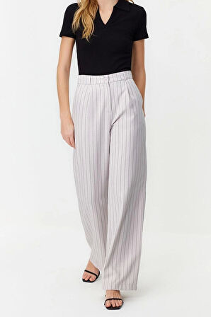 Kadın Yeni Moda Geniş Paça Uzun Boy Dokuma Yüksek Bel Wide Leg Geniş Paça Çizgili Pantolon