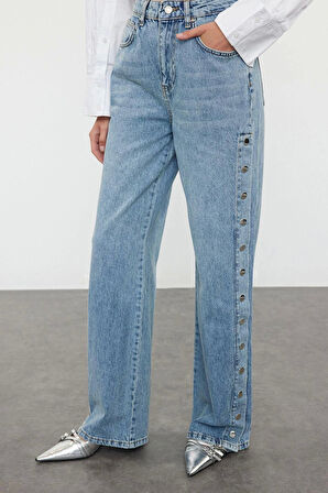 Kadın Moda Şık Kot Pantolon Geniş Paça Regular Boy Denim Mavi Aksesuar Detaylı Yüksek Bel Jeans