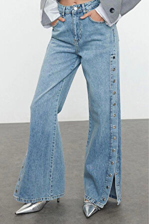 Kadın Moda Şık Kot Pantolon Geniş Paça Regular Boy Denim Mavi Aksesuar Detaylı Yüksek Bel Jeans