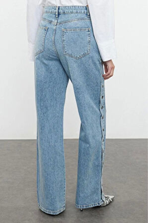 Kadın Moda Şık Kot Pantolon Geniş Paça Regular Boy Denim Mavi Aksesuar Detaylı Yüksek Bel Jeans