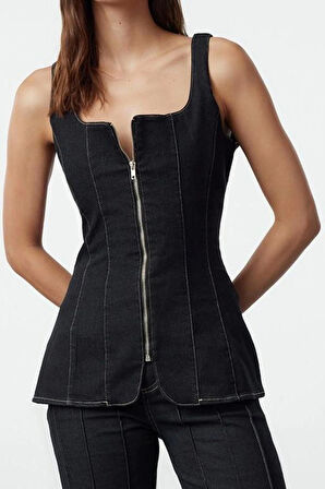 Kadın Moda Şık Üst Giyim Uzun Kare Yaka Fitted Kalıp Denim Dikiş Detaylı Fermuarlı Bluz