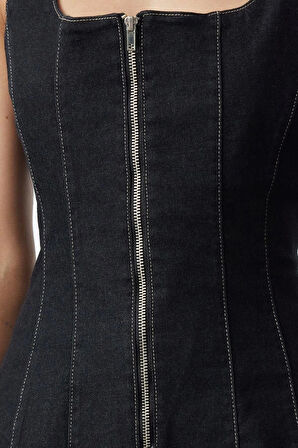 Kadın Moda Şık Üst Giyim Uzun Kare Yaka Fitted Kalıp Denim Dikiş Detaylı Fermuarlı Bluz