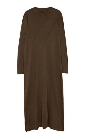 Kadın Moda Şık Tesettür Maxi Boy Bisiklet Yaka Fitted Nervür Detaylı Triko Elbise