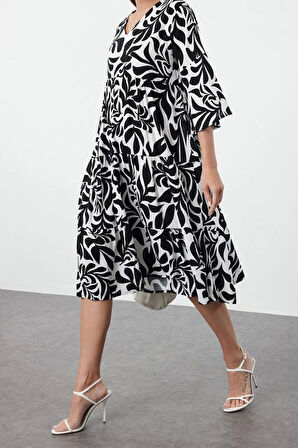 Yeni Regular Casual Günlük Shally Dokuma V Yaka Truvakar Kol Kol Shift Midi Boy Elbise