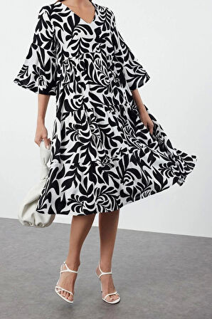 Yeni Regular Casual Günlük Shally Dokuma V Yaka Truvakar Kol Kol Shift Midi Boy Elbise