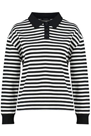 Kadın Moda Oversize Polo Yaka Düşük Kol Regular Çizgili Polo Yaka Kalın İçi Polarlı Örme Sweatshirt