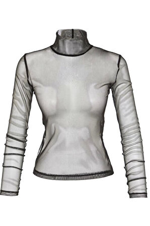 Kadın Moda Şık Üst Giyim Regular Dik Yaka Slim Kalıp Örme Fitted Vücuda Oturan Tül Bluz